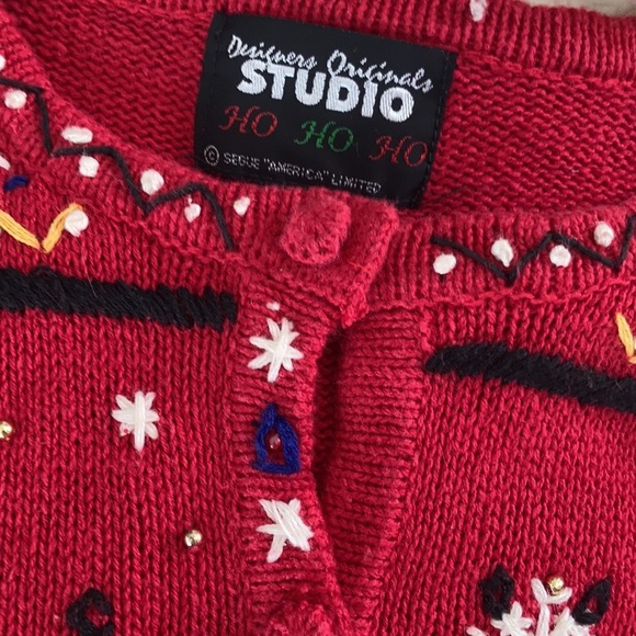 Designers originals vtg red Santa crew neck button front ugly Christmas sweater - Picture 12 of 16